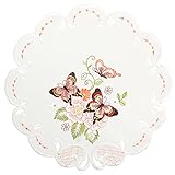 Quinnyshop Rosa Schmetterlinge Stickerei Frühling Tischdecke Deckchen ca. 30 cm Rund Polyester, Weiß