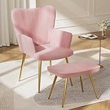 FiveWillowise Ohrensessel, Sessel mit Hocker, Relaxsessel mit Fußstütze, Armsessel, Armlehnstuhl, Loungesessel, Fernsehsessel für Wohnzimmer, Schlafzimmer, Samtoptik, Rosa