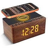 ANJANK Holz Digitaler Radiowecker mit Kabelloser Ladestation, Qi Fast Wireless Charger for iPhone/Samsung Galaxy,LED Display mit 5-stufiger Dimmer,9 Alarmtöne,USB Ladeanschluss,Uhrenradio,ohne Ticken