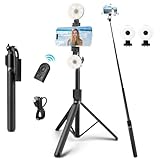 Selfie Stick,Handy Stativ 180 cm,Selfie Stick Stativ mit Faltbar und Drehbar 360°, 2 Abnehmbares & dimmbares Fülllicht,Selfie Stick Bluetooth Kompatibel mit iPhone Samsung Android