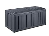 Keter Glenwood Kissenbox, Auflagenbox, 390 Liter Volumen, Wasserdicht, Graphit, Holzoptik, Sitzbank für 2 Erwachsene,134.5L x 74.5W 13.3H cm, Gartenbox, Grau