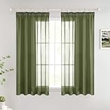 Woaboy Gardinen mit Kräuselband Kurz Fenster Voile Vorhänge Wohnzimmer Transparent Sheer Curtains Stores Gardine Schlafzimmer Modern Schlaufengardinen 2er Set 140x145cm (BxH) Olivergrün