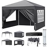 LEADZM Pavillon 3x3m,Pop-up Faltpavillon,Wasserdichter,Winterfest,Höhenverstellbar,UV Schutz 50+,Stahlrahmen,fur Garten,Party,Camping,Outdoor,mit 4 Seitenteilen,Dunkelgrau