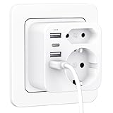 Doppelstecker für USB Steckdose, Mehrfachsteckdose mit 3 USBA Ladegerät, 1 Typ-C Port, Steckdosenadapter 2Fach Stecker, Mehrfachstecker für Steckdose, Steckdosenleiste mit USB C, Wand Ladegerät