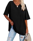 Ebifin Damen Oversize T Shirt mit V-Ausschnitt Kurzärmeliges Casual Lockere Basic Sommer Tee Shirts Bluse.Schwarz.XXL