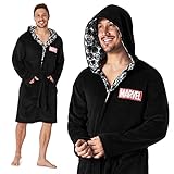 Marvel Bademantel Herren Flauschig, Fleece Morgenmantel Herren mit Kapuze (Schwarz, L)