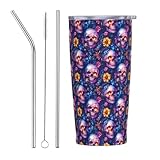 Trinkbecher mit Deckel und Strohhalm, Vintage-Blumenmuster, 590 ml, isolierte Becher, Edelstahlbecher, personalisierbar, Reisebecher, Wasserflasche