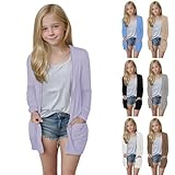 Lang Strickjacke Mädchen Einfarbige Jacke Langarm Cardigan Kinder Elegant Outdoorjacke Mode Jacken Leichte Dünn Atmungsaktiv Strickjacke Lässig (Black, 9-10 Years)