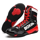 High-Top-Boxschuhe für Männer mit Gummisohle rutschfest,Atmungsaktive Wrestlingschuhe für Frauen Hohe Traktion,Boxstiefel Bequem Verschleißfest Schnürdesign(Color:Red,Size:40 EU)