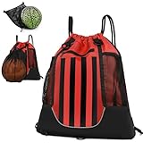 STAY GENT Drawstring Basketball Rucksack für Kinder Jugendliche Erwachsene, Foldable Fußball Volleyball Sporttasche mit Abnehmbarem Ball-Netztasche für Turnhalle Yoga Wandern, Rot Schwarz Streifen