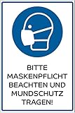Hinweis-Schild 300x200 mm - Bitte Maskenpflicht beachten/Mundschutz tragen im Zuge des Corona Virus (COVID-19), Warnschild aus PVC Hartschaum Platte 200x300 mm - 3 mm stark