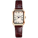 JewelryWe Uhren Damen Analog Quarz Armbanduhr Klassische Römische Ziffern Rechteckig Leder Armband Beiläufige Uhr für Frauen Mädchen Braun