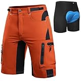 Cycorld MTB Hose Herren Radhose, Schnelltrocknend Mountainbike Hose Fahrradhose mit 4D Sitzpolster, Elastische Sport Radlerhose Shorts (Orange-rot mit Unterwäsche, L)