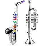 Set mit 2 Musikinstrumenten inklusive Saxophon Trompete Spielzeug Set Kunststoff Trompete Pädagogisch Musikinstrumente Spielzeug für Schule Musik Geschenk, Silber Oberfläche mit Farbtasten