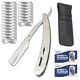 Neoreser Rasiermesser mit 20 Rasierklingen, Straight Razor Rasierer Herren Bartmesser, Rasiermesser Set mit Ledertasche(Silber)