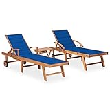 3er-Set Gartenmöbel, Garten Sonnenliegen mit Tisch und Auflagen, Gartenliege Freizeitliege Relaxliege Liegestuhl für Garten Balkon, Massivholz Teak