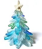 KURKUR Sea Glass Tabletop Christmas Tree, Light Up Crystal Glass Christmas Tree Ornaments,LED Christmas Tree Statues with Ocean Beach Seestern Decoration for Xmas Holiday Party (Size : Small)