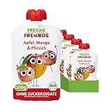 FRECHE FREUNDE Bio Quetschie Apfel, Mango & Pfirsich, Fruchtmus im Quetschbeutel für Babys ab 1 Jahr, glutenfrei und vegan, 6er Pack (6 x 100g)