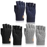 Utensilsto 3 Paar Fingerlose Handschuhe Herren Damen Winterhandschuhe Thermo Halbfinger Strickhandschuhe Fingerless Gloves für Laufen, Radfahren, Fahren (Schwarz,Marineblau,Gary)