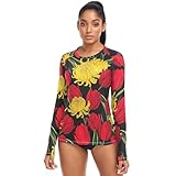 Damen Rashguard-Shirts, Sonnenschutzkleidung, LSF 50+, langärmelig, Strand-Shirt, Badeoberteil, Rote Tulpen, gelbe Chrysanthemen, schwarz, XS