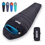 QEZER Daunenschlafsack Winter Schlafsack Outdoor 5°C bis -23°C Daunen Schlafsack 4 Jahreszeiten für Camping,Wandern und Trekking (Schwarz 0°C)（rechter Reißverschluss）