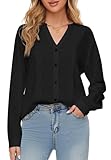 SIMIYA Bluse Langarm V-Ausschnitt Oberteile Einfarbig Tunika Hemdbluse Damen Lässiges Button-down Hemd Damen Lose Langarmshirt Oberteile Tops（Schwarz，S）