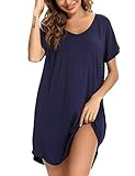 Aseniza Nachthemd Damen Kurzarm Schlafshirt Baumwolle Schlafhemd Sommer Nachtwäsche Große Größen Sleepshirt Nachtkleid mit Taschen,A-Dunkelblau,XXL