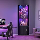 Gurexl 175CM Glasvitrine mit 24 RGB Beleuchtung und Intelligente Sensorik,Stehend Eckvitrine mit 3 Verstellbare Glasböden,Wohnzimmer Schließfächer mit LED,für Trophäen, Figuren,Curio,Schwarz