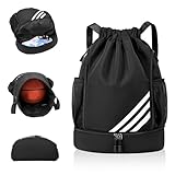 CFHOOAY Turnbeutel für Jungen Kinder Damen Herren,Sportbeutel Sportrucksack mit Breit Kordelzug Netztasche Ball-Fach,sporttasche basketball tasche rucksack gym bag schwarz fussballtasche Wasserdicht