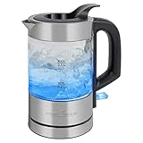 ProfiCook Wasserkocher Glas Edelstahl mit LED Beleuchtung | hitzebeständiger Glaswasserkocher Edelstahl mit Einhandbedienung | mit Wasserstandanzeige | 0,5 Liter Teekocher | 1100 Watt | PC-WKS 1228