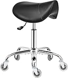 BEWISHOME Sattelhocker mit Rädern, schwenkbarer, Verstellbarer Rollhocker, strapazierfähiges PU-Leder mit breitem Sitzpolster, ergonomisch für Schönheitssalons, Spas und Kliniken (Schwarz)