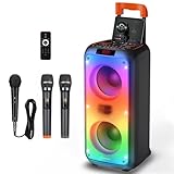 Karaoke Maschine, Hukkmela Karaoke Anlage mit 3 Mikrofonen(2 Drahtlos & 1 Verkabelt), PA Anlage, Karaoke Lautsprecher mit Mikrofon, Kompatibel mit TF/USB/Aux, Bluetooth 5.3 TWS & LED Modus