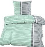 KH-Haushaltshandel 2-TLG. Seersucker Bettwäsche 135x200 +80x80cm, mintgrün grau, quer gestreift, bügelfrei (BlueMintQuer)