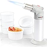 2IN1 Flambierbrenner + 6X Schälchen Ø 9cm aus Keramik Ofenfest Gas Küche Brenner Creme Brulee Dessertschale Pasteten Tapas Soufflé Auflauf Förmchen (Set Flambierbrenner + 6 Stück)