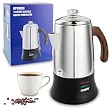 APOXCON Edelstahl 18/8 (SS304) Kaffeemaschine Elektrischer Perkolator, Kordlos mit Schauglas für Haushalt Hotel Geschenkbox (6 Tassen)