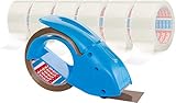 Tesa Packband Handabroller Pack ‘n‘ Go, Blau, inkl. 1 Rolle tesapack PP in braun, 50m:50mm (+ 6 Rollen transparent)