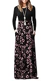 DEARCASE Damen Maxikleid, Damen lässig Winter langes Kleid, Damen Langarm Floral Print Maxi Kleid mit Taschen (Gypsophila Schwarz, XL)