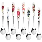 Kaffeelöffel aus Edelstahl,Forreen 8 Stück Tafellöffel Keramikgriff Teelöffel Schöne Blumen Drucken Porzellan Löffel Set für Dessert Eisbecher Lattes Kaffee
