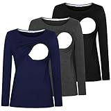 Bearsland Women's Nursing Shirt Long Sleeve Round Neck Breastfeeding Top, Black & Dark Gray & Blue, M