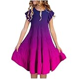 KQIVAM Mädchen Baumwolle Sternenhimmel Farbverlauf Fliegender Ärmel Kleider Sommer Freizeit Kurzarm Knielang Kleid Kurzarm Sommerkleid Strandkleid Mädchenkleid 6-15 Jahre