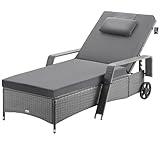 Casaria® Sonnenliege mit Rollen Extra Breit 90cm 7cm Auflage Gartenliege Wetterfest 165kg Belastbar Grau Anthrazit Balkonmöbel Verstellbar Liegestuhl Terrasse