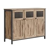 VASAGLE Sideboard, Küchenschrank, Aufbewahrungsschrank, mit Glastüren, für Wohnzimmer, Küche, Esszimmer, Stahlrahmen, Industriestil, Kamelbraun-tintenschwarz LSC099K02