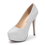 OCHENTA Damen-Pumps mit rundem Zehenbereich, Stiletto, hoher Absatz, Plateau-Pumps, Glitzer, silberfarben, 40.5 EU