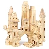 Jacootoys 75 Teile Holz Schloss Bausteine Montessori Naturfarbene Bauklötze Stapelspielzeug für 3 4 5 6 7 8+ Jahre Kinder