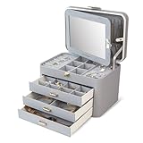 KAMIER Schmuckkästchen für Damen, große Schmuckschatulle mit 4 Ebenen, Schmuckbox mit Spiegel und Schloss, Griff Schmuckkästchen für Ringe, Ohrringe, Halsketten, Armbänder, Grau