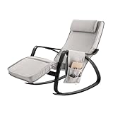 SoBuy Schaukelstuhl mit Polster, Schaukelsessel mit Kopfstütze und Verstellbarer Fußstütze, relaxsessel mit Seitentasche - Grau FST20-HG