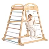Mamabrum Holzspielplatz für Zuhause mit Schaukel, Turnringen und Kletternetz – multifunktionales Indoor-Spielgerät für Kinder zur aktiven Bewegung und Entwicklung