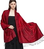 Gragengs Pashmina Schal Wrap mit ethnischen Paisley Two Tone Jacquard Schal für Damen,Paisley-Schwarz Rot