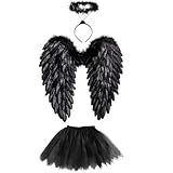 Sunshine smile Engelsflügel Schwarze,Engel Kostüm Damen mit Heiligenschein,Engel Flügel,Kostüm Engel,Schwarze Flügel Mädchen,Engelsflügel Deko,Federflügel Engel,Engels Flügel Kostüm