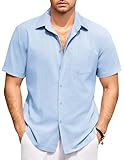 COOFANDY Herren Hemd Kurzarm Freizeithemd Regular Fit Baumwoll Kurzarmhemd Leicht Sommerhemd Strand Hemd mit Brusttasche Basic Shirt Klares Blau L